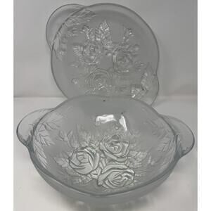 Vintage KIG Malaysia Bowl & Platter Frosted Glass Handled Serving Bowl & Tray